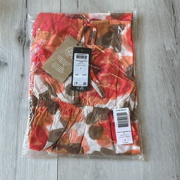 Vero Moda Women's dress VMJOA SL ABK DRESS WVN GA Size S in Orange/White NWT - Picture 7 of 9